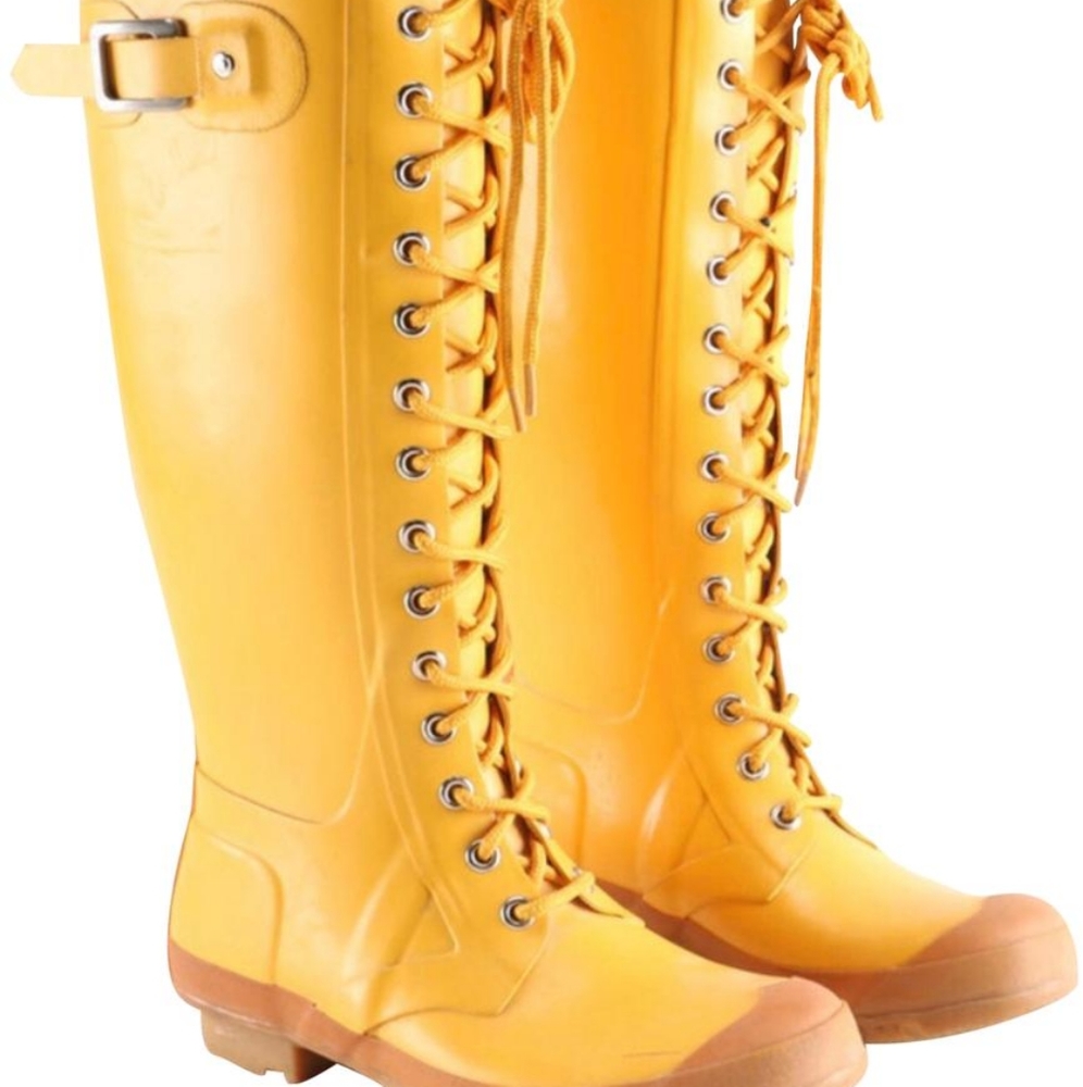 Yellow lace up Hunter rainboots